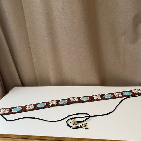 Betty Belts Beaded Shell Belt w/ Turquoise Stone & Long‎ Tassels 29" - Picture 4 of 6